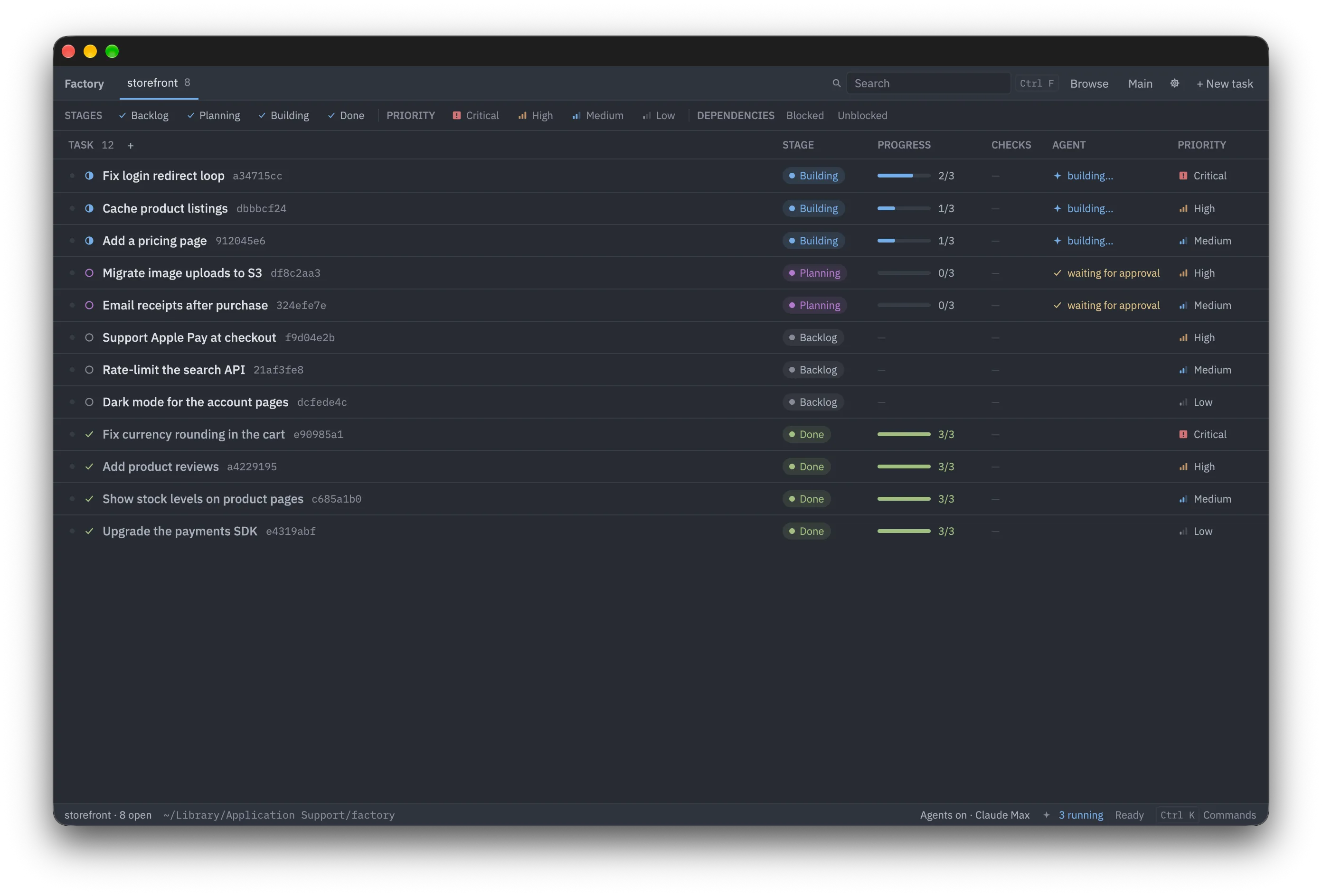 Factory's board on macOS, with a project's tasks in Backlog, Planning, Building and Done, and their progress, agents and priorities